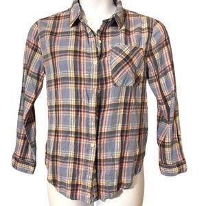 VANILLA STAR blue orange yellow plaid button front shirt - women's Large